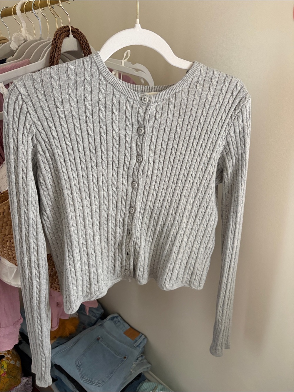 Light Gray Cable Knit Button-Up Cardigan